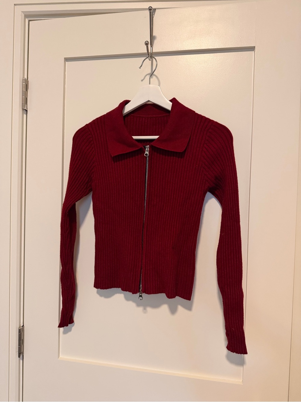 Ribbed Zip-Front Women’s Sweater Cardigan - Deep Red